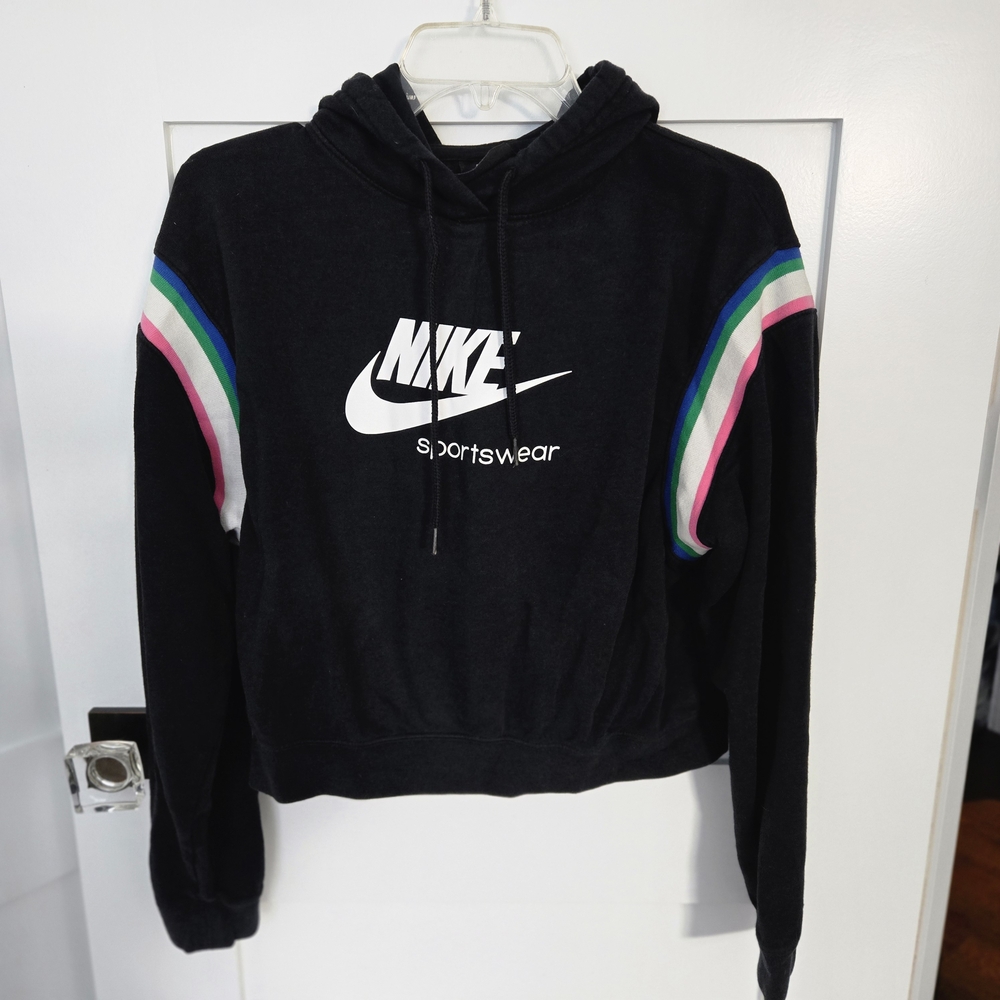 Nike Women's Black Hoodie with Multicolor Stripes On Sleeves Size Small